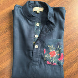 Dark blue kurta with floral organza pocket detail