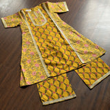 Mustard panelled A-line kurta with block print straight pants