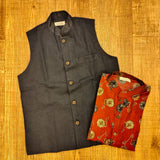 Dark blue jacket with maroon floral foil print kurta