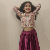 Floral pink choli with crushed wine skirt