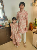 Dusty pink floral foil print kurta with front slit and heavy gota work with dusty pink pants with gota detailing