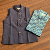 Dark blue jacket with turquoise zig zag foil print kurta