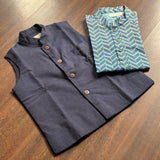 Dark blue jacket with turquoise zig zag foil print kurta