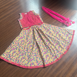 Pink striped choli with yellow honeycomb print lehenga with pleated details