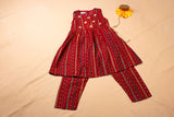 Red floral sleeveless pleated kurta with gota patti flowers paired with straight pants