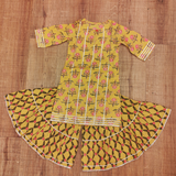 mustard floral block print kurta with gota detailing and printed sharara with gota