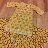 mustard floral block print kurta with gota detailing and printed sharara with gota